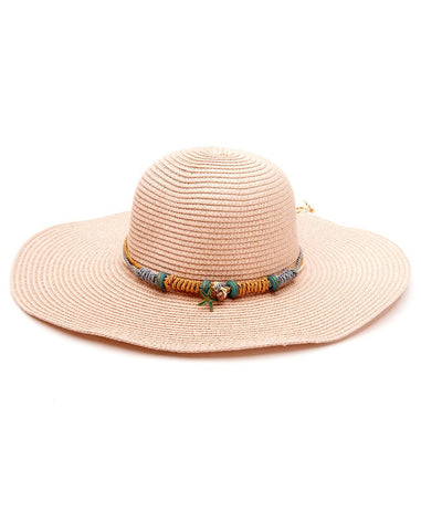 Εντυπωσιακό ψάθινο Καπέλο με φαρδύ γείσο και ιδιαίτερη διακόσμηση σε απαλό ροζ χρώμα