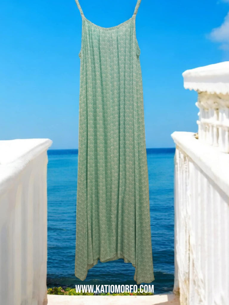 Μιντι φόρεμα ασύμμετρο σε boho μοτίβο με ρυθμιζόμενα τιραντακια Ρ25010000