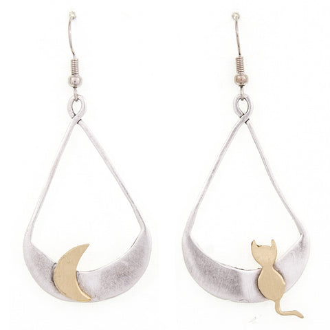 Χειροποίητα Κρεμαστά Σκουλαρίκια “φεγγάρι-γάτα” από επαργυρωμένο  ορείχαλκο & χρυσές λεπτομέρειες  Σ313000