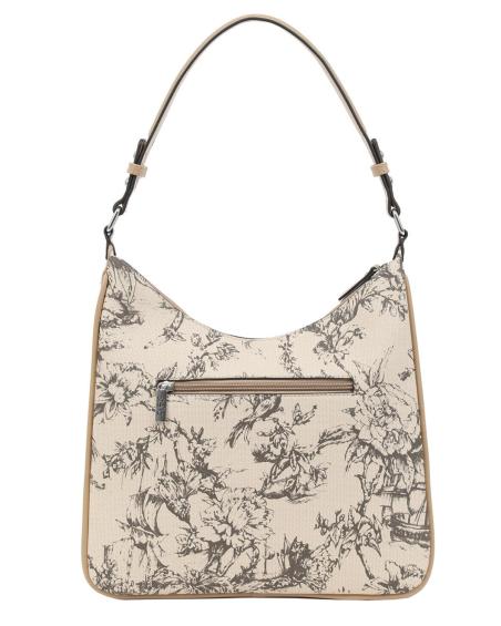 Γυναικεία τσάντα ώμου DOCA σε μπεζ  χρώμα με τρουκς, εξωτερική τσέπη και φλοράλ τύπωμα. ΤΠΤ068000