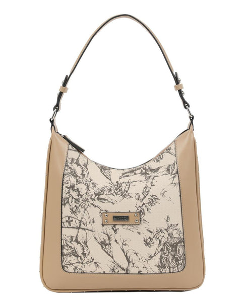 Γυναικεία τσάντα ώμου DOCA σε μπεζ  χρώμα με τρουκς, εξωτερική τσέπη και φλοράλ τύπωμα. ΤΠΤ068000