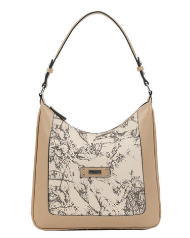 Γυναικεία τσάντα ώμου DOCA σε μπεζ  χρώμα με τρουκς, εξωτερική τσέπη και φλοράλ τύπωμα. ΤΠΤ068000