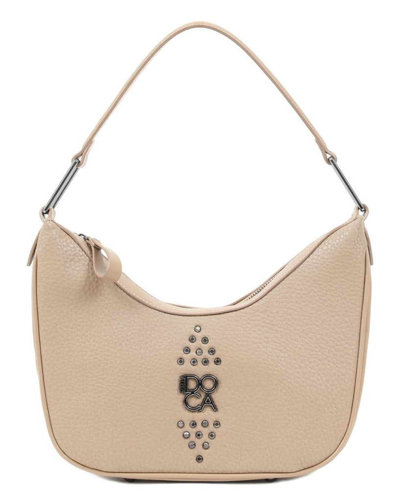 Γυναικεία τσάντα ώμου DOCA  σε μπεζ χρώμα με τρουκς, εξωτερική τσέπη και ημικυκλικό σχήμα. ΤΠΤ988000