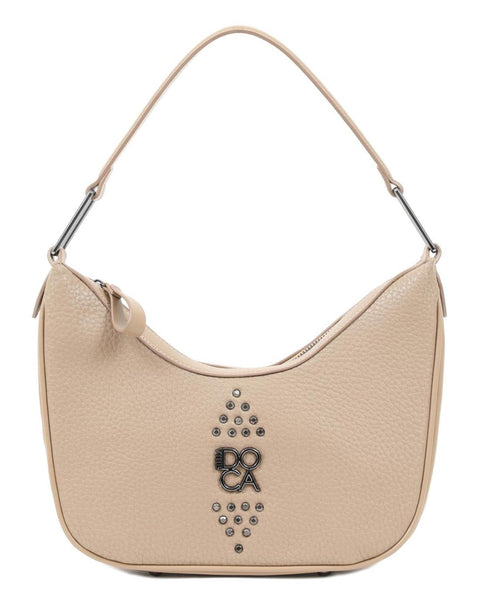 Γυναικεία τσάντα ώμου DOCA  σε μπεζ χρώμα με τρουκς, εξωτερική τσέπη και ημικυκλικό σχήμα. ΤΠΤ988000