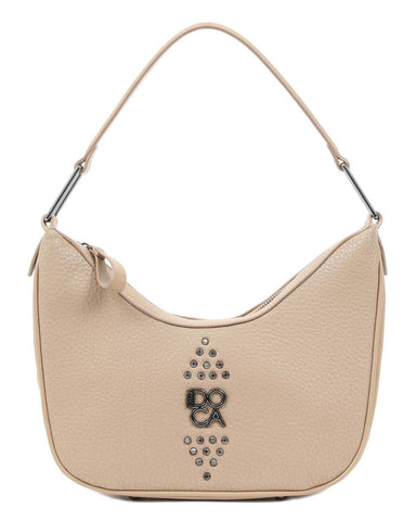 Γυναικεία τσάντα ώμου DOCA  σε μπεζ χρώμα με τρουκς, εξωτερική τσέπη και ημικυκλικό σχήμα. ΤΠΤ988000