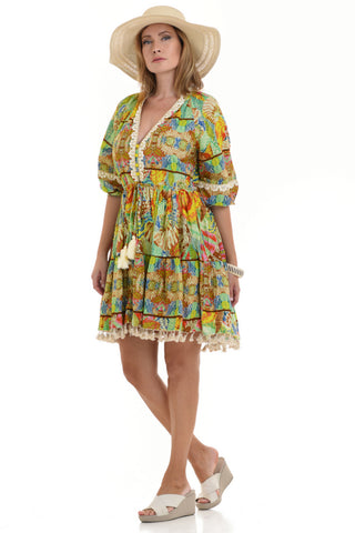 Καλοκαιρινό boho φόρεμα, εμπριμέ με φλοράλ σχέδιο με λεπτομέρεις δαντέλας & μικρές φουντίτσες . 100% βαμβάκι.   Ρ24015000