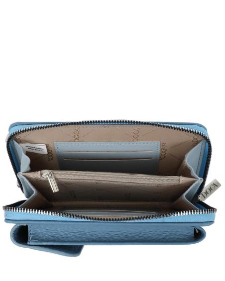 Γυναικεία τσάντα χιαστί θήκη κινητού DOCA σε γαλάζιο χρώμα με κλείσιμο με καπάκι, αποσπώμενο εξωτερικό τσαντάκι, αποσπώμενο/ρυθμιζόμενο ιμάντα και ανάγλυφη υφή. ΤΠΤ080000