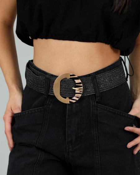 Ζώνη DOCA σε μαύρο χρώμα με χρυσή τόκα και animal print.  Ζ026002