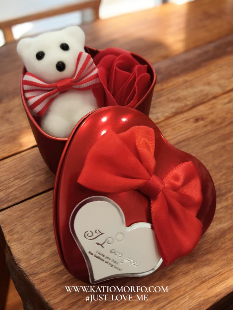 Μεταλλικό Κουτί Καρδιά με Τριαντάφυλλο & Αρκουδάκι