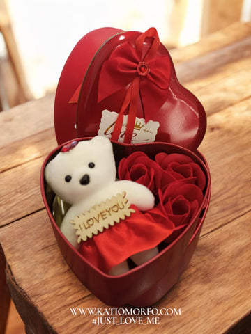 Μεταλλικό Κουτί Καρδιά με 3 Τριαντάφυλλα & Αρκουδάκι