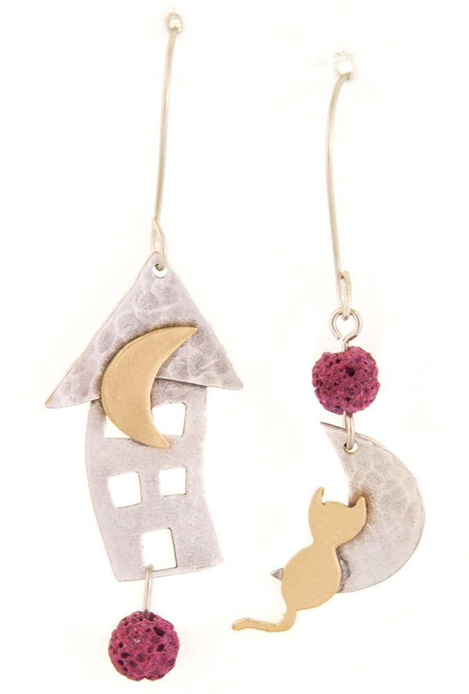 Χειροποίητα σφυρήλατα σκουλαρίκια Γάτα στο Φεγγάρι & Σπιτάκι Σ307000