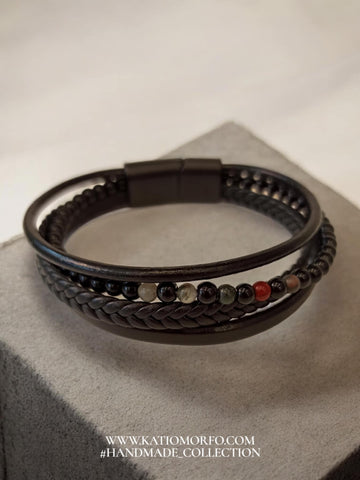Πολυσειρο δερμάτινο βραχιόλι με μαγνητικό κούμπωμα και ημιπολύτιμες πέτρες Β296000