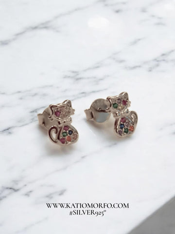 Χειροποίητα Σκουλαρίκια γάτα με ζιργκόν σε Ασήμι 925°. Σ597000