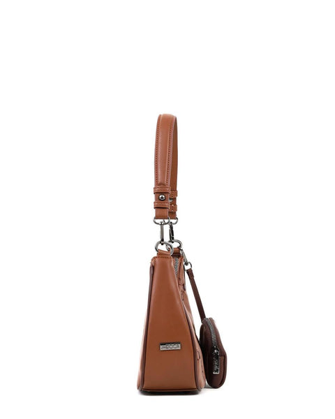 Tσάντα ώμου DOCA χιαστί σε καφέ χρώμα με καρό κέντημα λογότυπο και αποσπώμενο εξωτερικό τσαντάκι με αποσπώμενο/ρυθμιζόμενο λουράκι ΤΠΤ037000