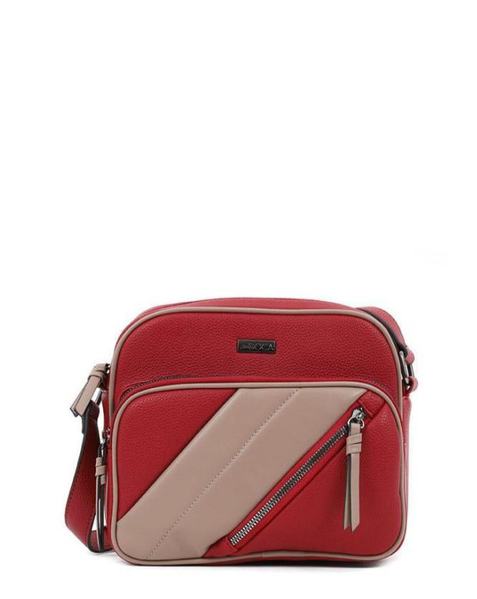Τσάντα DOCA χιαστί σε κόκκινο χρώμα με μπεζ λωρίδα. ΤΠΤ189000