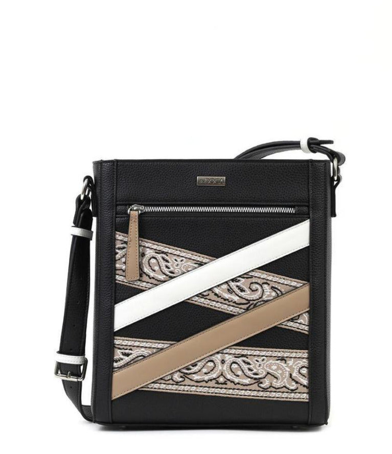 Γυναικεία τσάντα DOCA χιαστί σε μαύρο χρώμα με διακοσμητικές λεπτομέρειες, ασημί κούμπωμα, ιδιαίτερη υφή, γεωμετρικό σχέδιο, ρυθμιζόμενο λουράκι, εξωτερική τσέπη και χρωματιστό τύπωμα.    ΤΠΤ272000