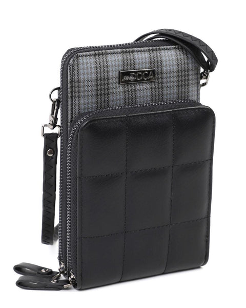 Tσάντα χιαστί DOCA σε μαύρο χρώμα με αποσπώμενο/ρυθμιζόμενο λουράκι, καρό σχέδιο και εξωτερική τσέπη με καπιτονέ υφή ΤΠΤ067000