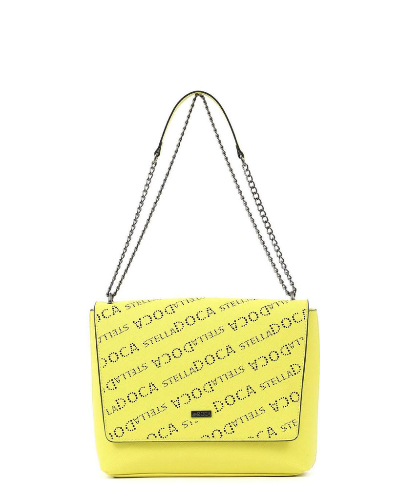 Γυναικεία τσάντα ώμου DOCA σε κίτρινο χρώμα με διάτρητο σχέδιο και κλείσιμο με καπάκι.ΤΠΤ215000