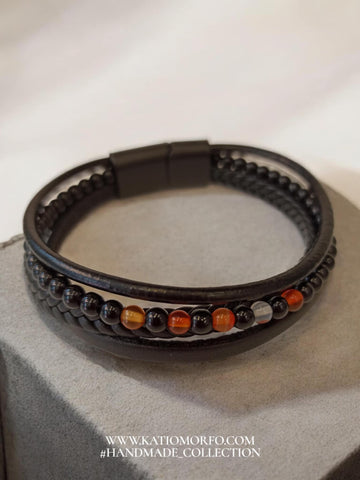 Πολυσειρο δερμάτινο βραχιόλι με μαγνητικό κούμπωμα και ημιπολύτιμες πέτρες Β299000