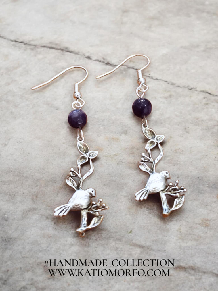 Χειροποίητα Σκουλαρίκια με σχέδιο πουλάκι με ημιπολύτιμες πέτρες. Σ565000