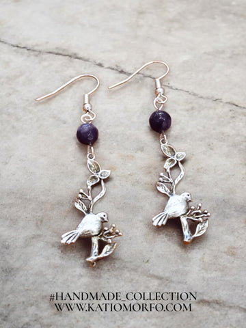 Χειροποίητα Σκουλαρίκια με σχέδιο πουλάκι με ημιπολύτιμες πέτρες. Σ565000