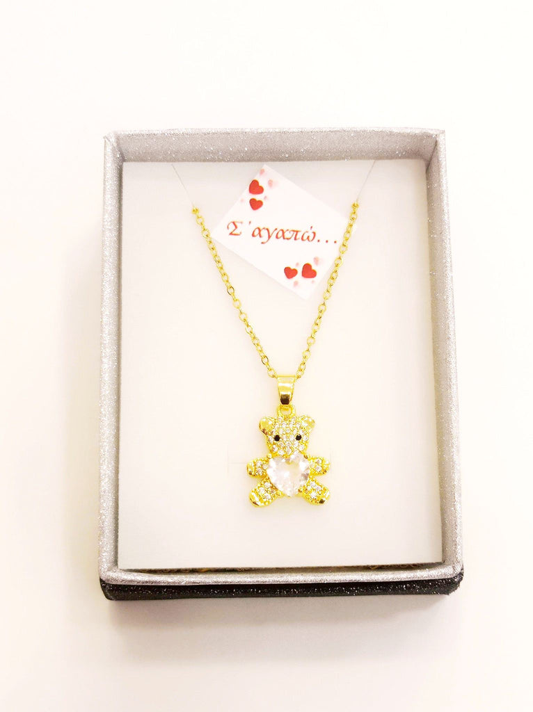 Κολιέ αρκουδάκι με κρυστάλλινη καρδιά & ατσάλινη αλυσίδα σε κουτάκι δώρου  Κ389600